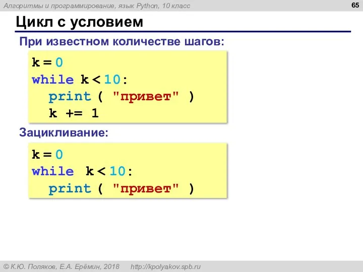 Цикл с условием k = 0 while k print ( "привет"