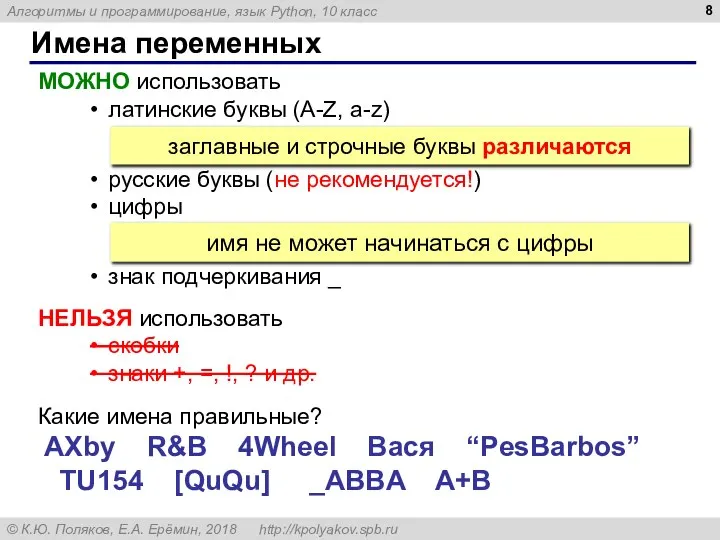 Имена переменных МОЖНО использовать латинские буквы (A-Z, a-z) русские буквы (не