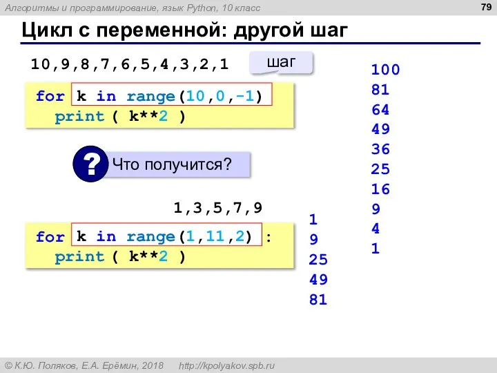 Цикл с переменной: другой шаг 100 81 64 49 36 25