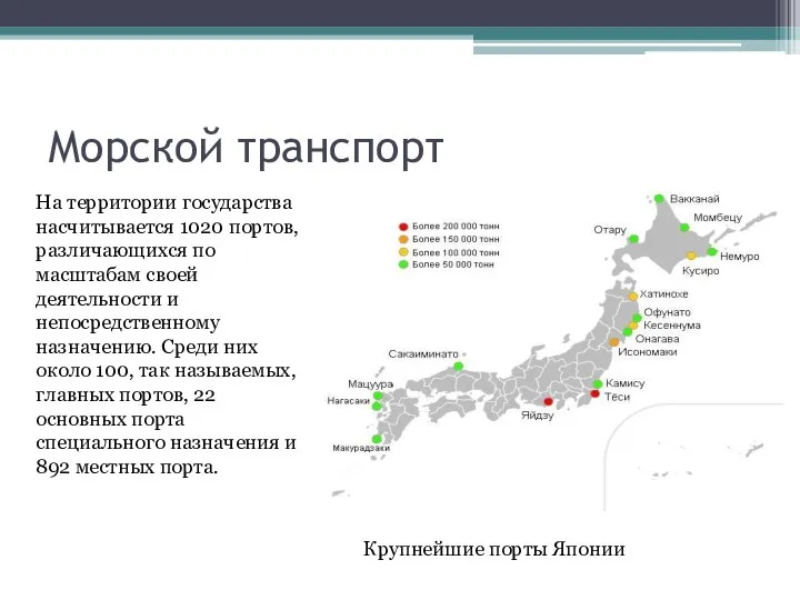 Морской транспорт На территории государства насчитывается 1020 портов, различающихся по масштабам