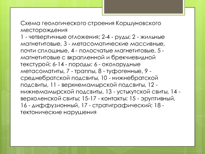 Схема геологического строения Коршуновского месторождения 1 - четвертичные отложения; 2-4 -