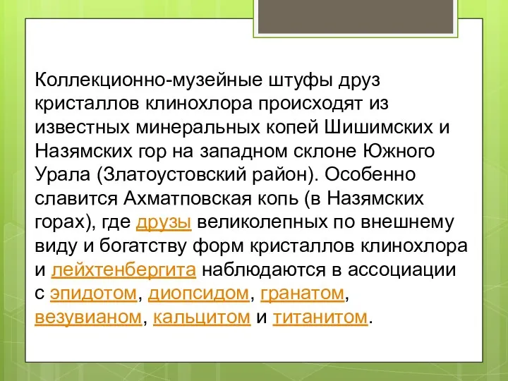 Коллекционно-музейные штуфы друз кристаллов клинохлора происходят из известных минеральных копей Шишимских