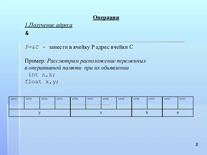 Операции 1.Получение адреса & P=&C - занести в ячейку P адрес