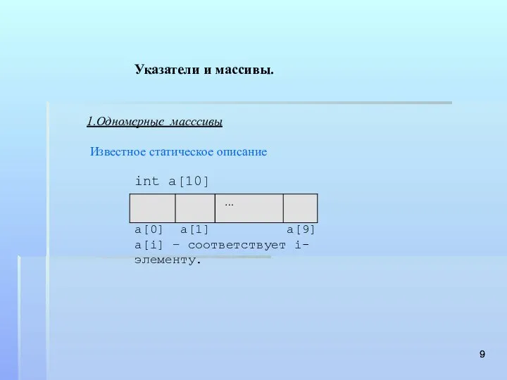 Указатели и массивы. 1.Одномерные масссивы Известное статическое описание int a[10] a[0]