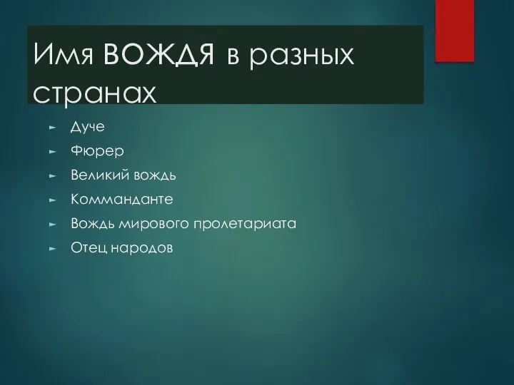 Имя вождя в разных странах Дуче Фюрер Великий вождь Комманданте Вождь мирового пролетариата Отец народов