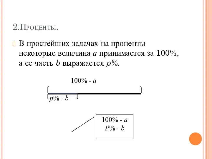 2.Проценты. В простейших задачах на проценты некоторые величина а принимается за