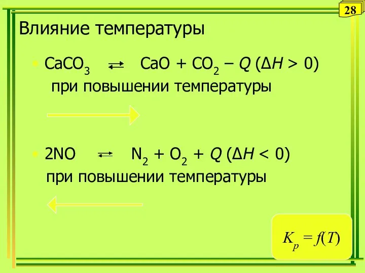 Влияние температуры CaCO3 CaO + CO2 – Q (ΔH > 0)