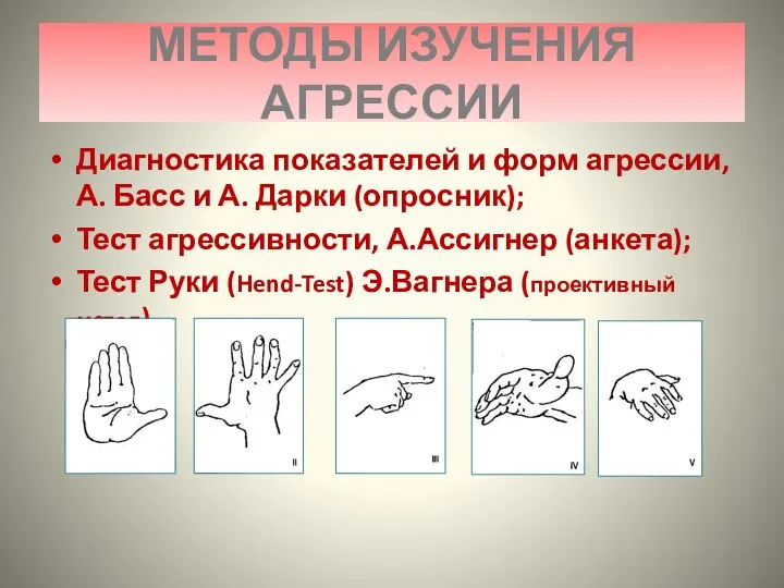 МЕТОДЫ ИЗУЧЕНИЯ АГРЕССИИ Диагностика показателей и форм агрессии, А. Басс и