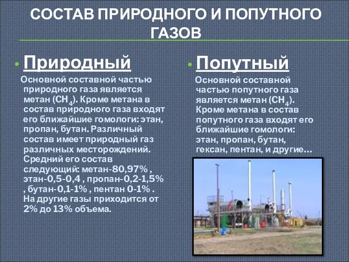 СОСТАВ ПРИРОДНОГО И ПОПУТНОГО ГАЗОВ Природный Основной составной частью природного газа