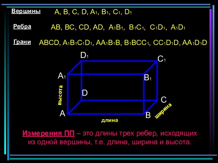 A A1 B C D B1 C1 D1 Вершины Ребра Грани