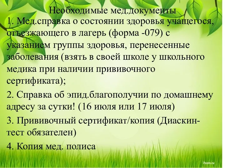 1. Мед.справка о состоянии здоровья учащегося, отъезжающего в лагерь (форма -079)