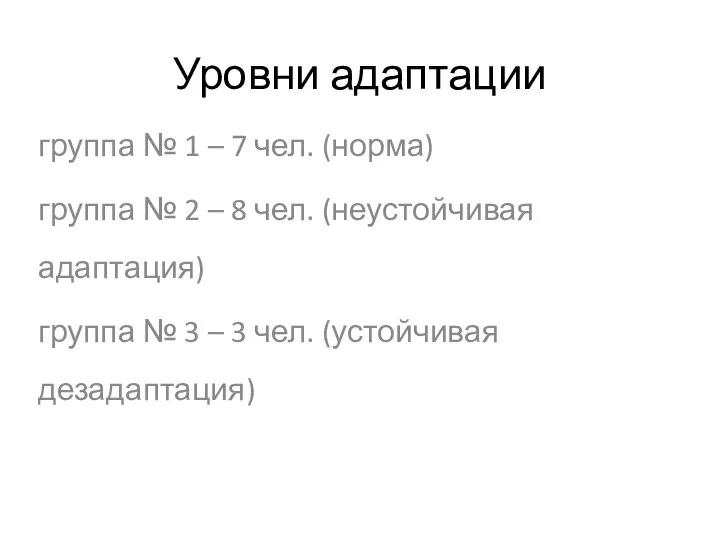 Уровни адаптации группа № 1 – 7 чел. (норма) группа №