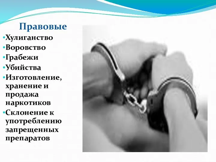 Правовые Хулиганство Воровство Грабежи Убийства Изготовление, хранение и продажа наркотиков Склонение к употреблению запрещенных препаратов