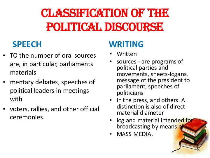 classification of the political discourse SPEECH TO the number of oral