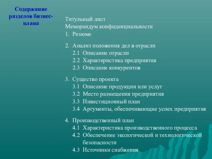 Содержание разделов бизнес-плана Титульный лист Меморандум конфиденциальности 1. Резюме 2. Анализ