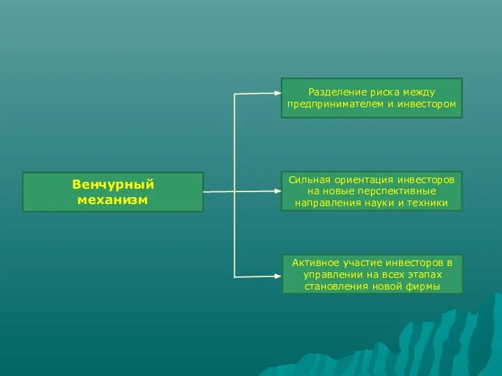 Венчурный механизм Активное участие инвесторов в управлении на всех этапах становления