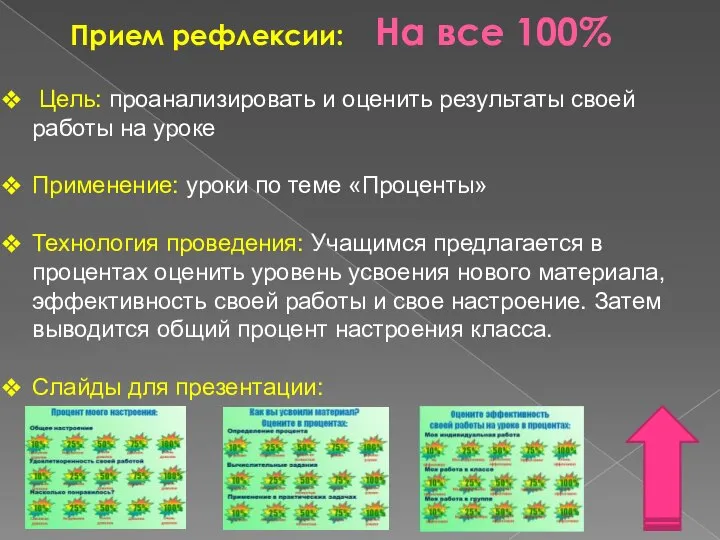 Прием рефлексии: На все 100% Цель: проанализировать и оценить результаты своей