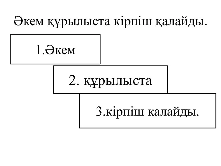 Әкем құрылыста кірпіш қалайды. 1.Әкем 3.кірпіш қалайды. 2. құрылыста