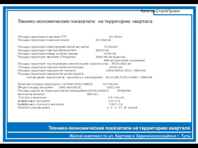 Жилой комплекс по ул. Карпова в Зареченском районе г. Тулы Технико-экономические