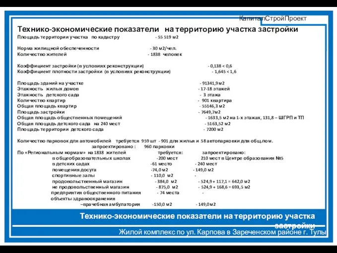 Жилой комплекс по ул. Карпова в Зареченском районе г. Тулы Технико-экономические