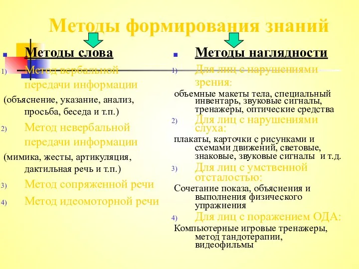 Методы формирования знаний Методы слова Метод вербальной передачи информации (объяснение, указание,