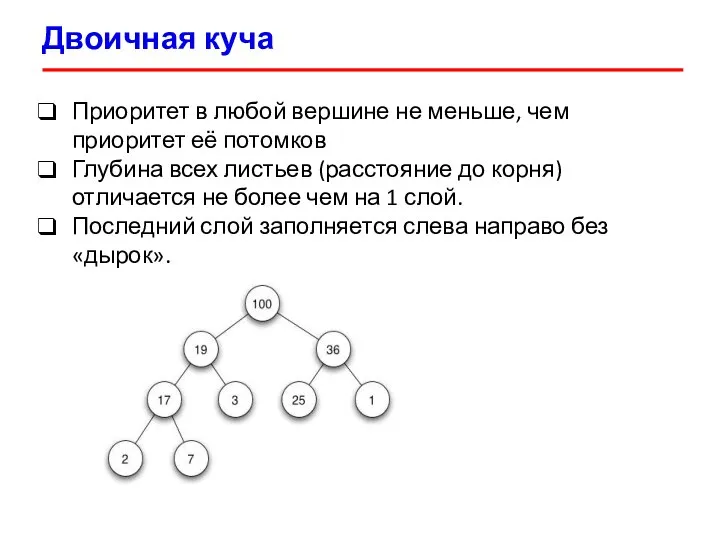 Двоичная куча Приоритет в любой вершине не меньше, чем приоритет её