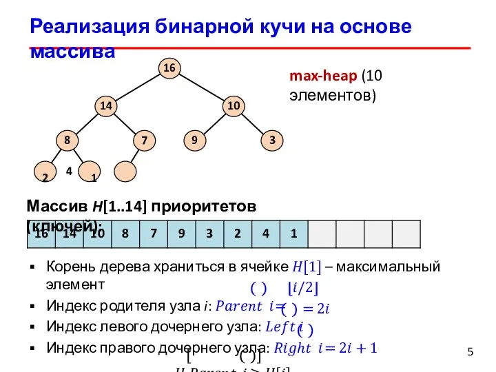 Реализация бинарной кучи на основе массива 5 7 8 2 4