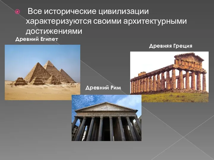 Все исторические цивилизации характеризуются своими архитектурными достижениями Древний Египет Древний Рим Древняя Греция