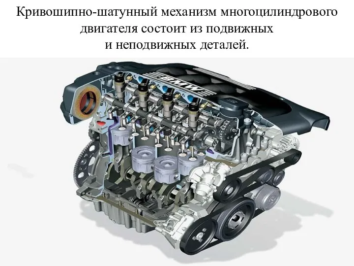 Кривошипно-шатунный механизм многоцилиндрового двигателя состоит из подвижных и неподвижных деталей.