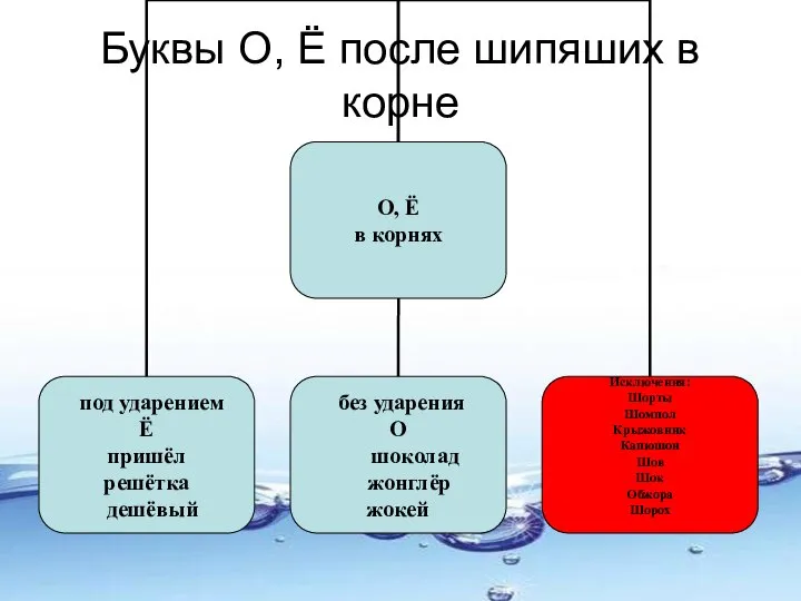 Буквы О, Ё после шипяших в корне