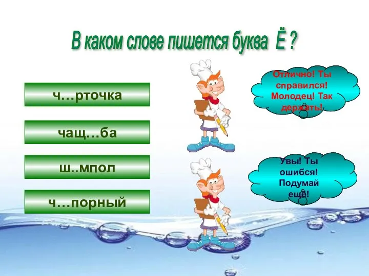 В каком слове пишется буква Ё ? ч…рточка чащ…ба ш..мпол ч…порный