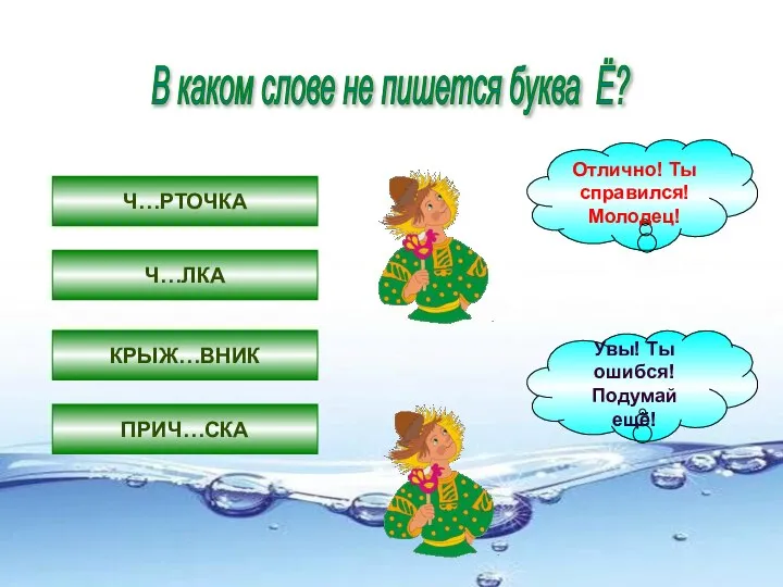 В каком слове не пишется буква Ё? Ч…РТОЧКА Ч…ЛКА КРЫЖ…ВНИК ПРИЧ…СКА