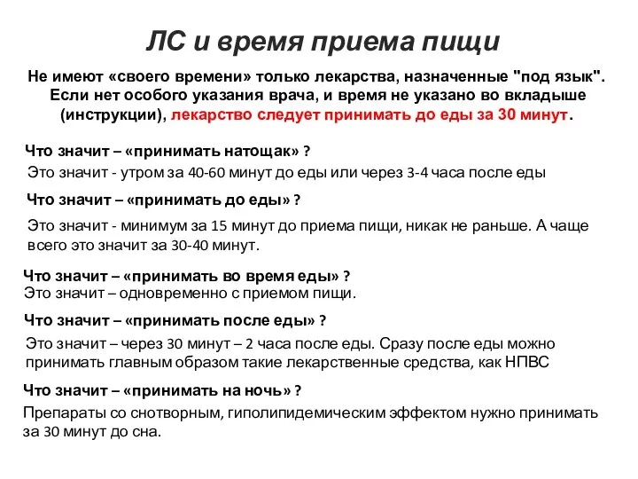 ЛС и время приема пищи Не имеют «своего времени» только лекарства,