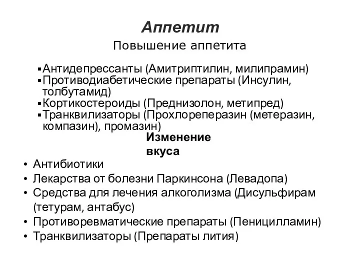 Аппетит Повышение аппетита Антидепрессанты (Амитриптилин, милипрамин) Противодиабетические препараты (Инсулин, толбутамид) Кортикостероиды