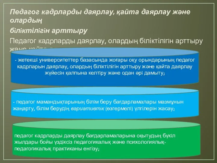 Педагог кадрларды даярлау, қайта даярлау және олардың бiлiктілiгiн арттыру Педагог кадрларды