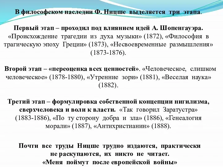 Почти все труды Ницше трудно издаются, практически не раскупаются, их никто