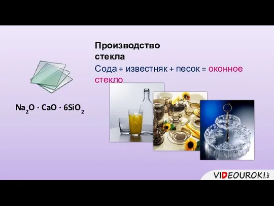 Производство стекла Na2O · CaO · 6SiO2 Сода + известняк + песок = оконное стекло