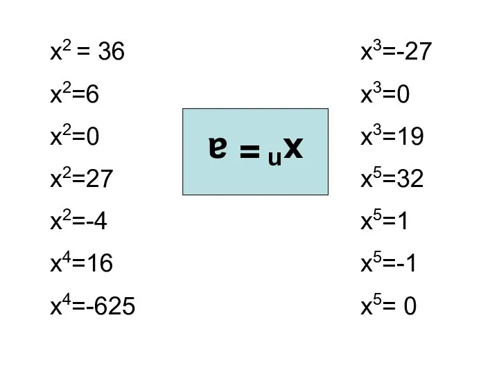 х2 = 36 х2=6 х2=0 х2=27 х2=-4 х4=16 х4=-625 х3=-27 х3=0