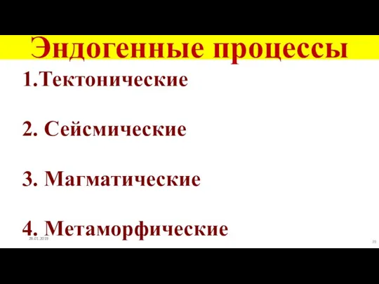 Эндогенные процессы 1.Тектонические 2. Сейсмические 3. Магматические 4. Метаморфические 28.01.2019