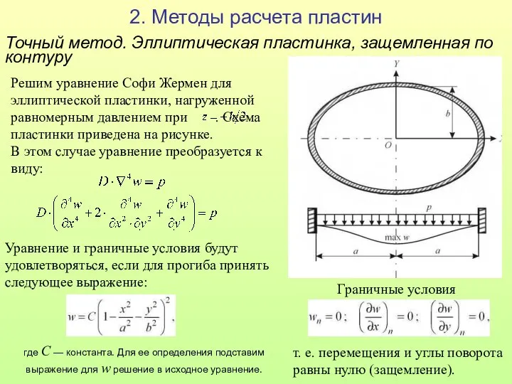 2. Методы расчета пластин Точный метод. Эллиптическая пластинка, защемленная по контуру