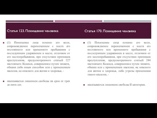 Статья 123. Похищение человека (1) Похищение лица помимо его воли, сопровождаемое