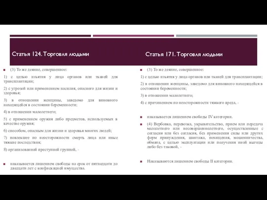 Статья 124. Торговля людьми (3) То же деяние, совершенное: 1) с