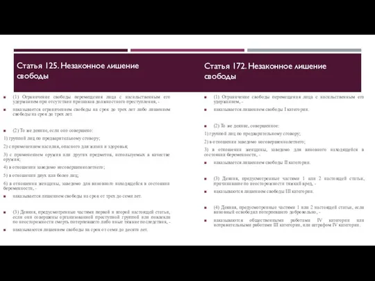 Статья 125. Незаконное лишение свободы (1) Ограничение свободы перемещения лица с