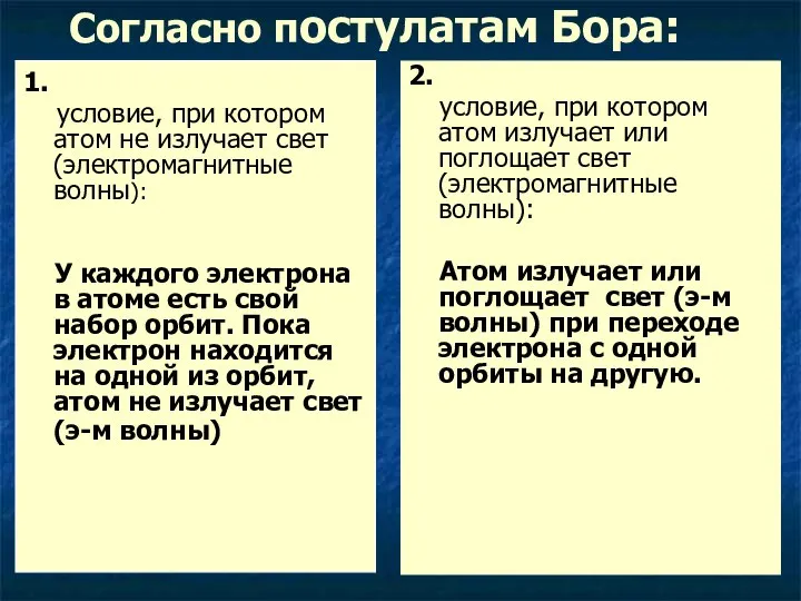 Согласно постулатам Бора: 1. условие, при котором атом не излучает свет