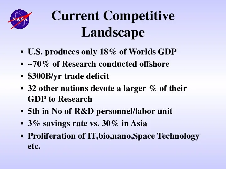 Current Competitive Landscape U.S. produces only 18% of Worlds GDP ~70%