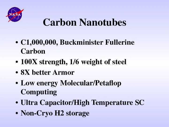 Carbon Nanotubes C1,000,000, Buckminister Fullerine Carbon 100X strength, 1/6 weight of