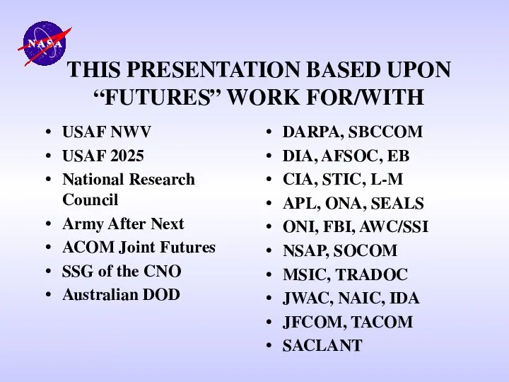 THIS PRESENTATION BASED UPON “FUTURES” WORK FOR/WITH USAF NWV USAF 2025