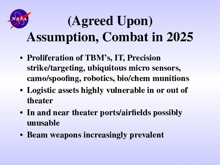 (Agreed Upon) Assumption, Combat in 2025 Proliferation of TBM’s, IT, Precision