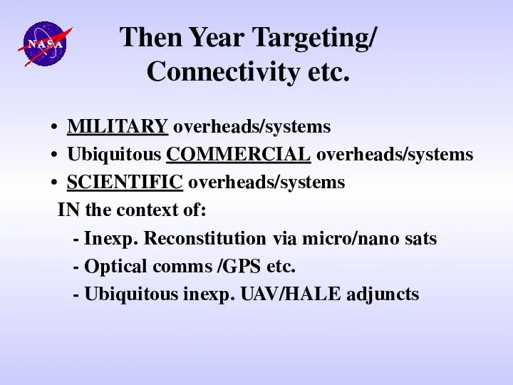 Then Year Targeting/ Connectivity etc. MILITARY overheads/systems Ubiquitous COMMERCIAL overheads/systems SCIENTIFIC