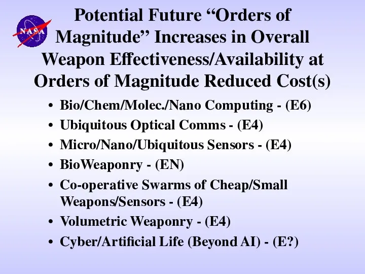 Potential Future “Orders of Magnitude” Increases in Overall Weapon Effectiveness/Availability at